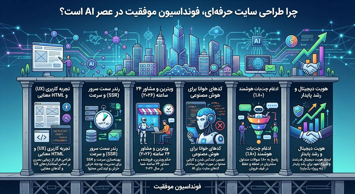 نقش هوش مصنوعی در سئو و دیجیتال مارکتینگ مدرن: نقشه راه رشد در ۲۰۲۶ چرا طراحی سایت حرفهای، فونداسیون موفقیت در عصر AI است؟