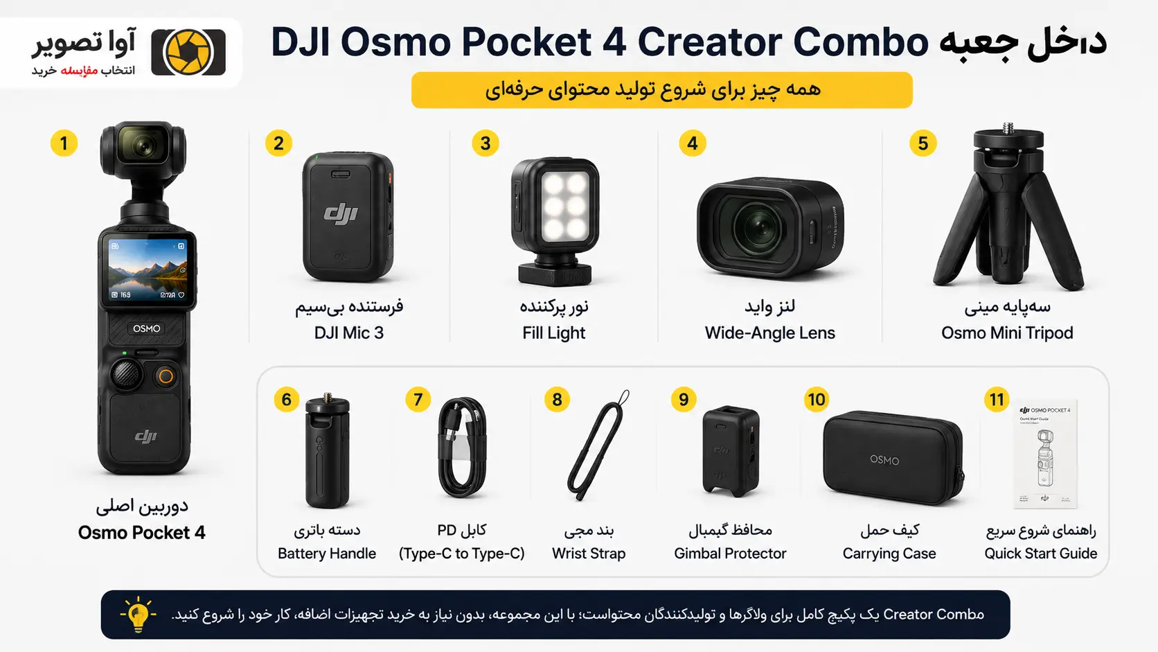 داخل جعبه osmo pocket 4 combo چه وسایلی وجود دارد